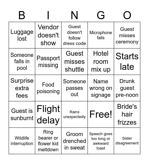 Destination wedding disaster bingo Card