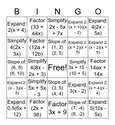 Algebra Bingo Card