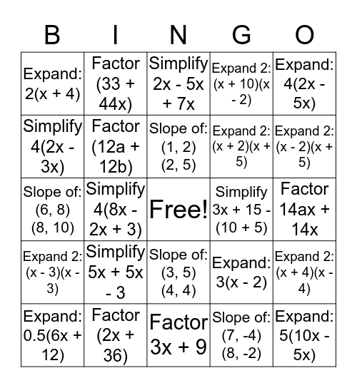 Algebra Bingo Card