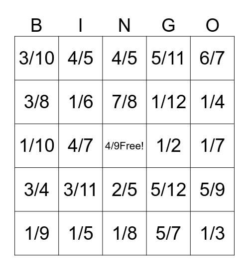 Simplifying Fractions Bingo Card