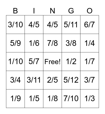Simplifying Fractions Bingo Card