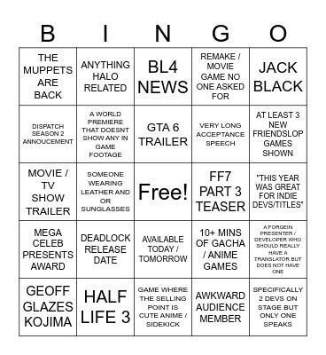 Game Awards Bingo Card
