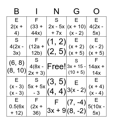 Algebra Bingo Card