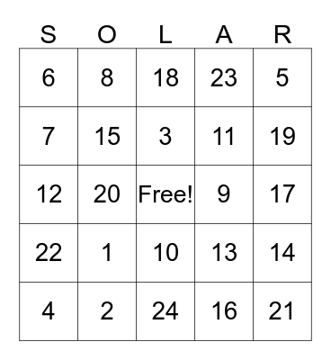 Solar Bingo! Bingo Card