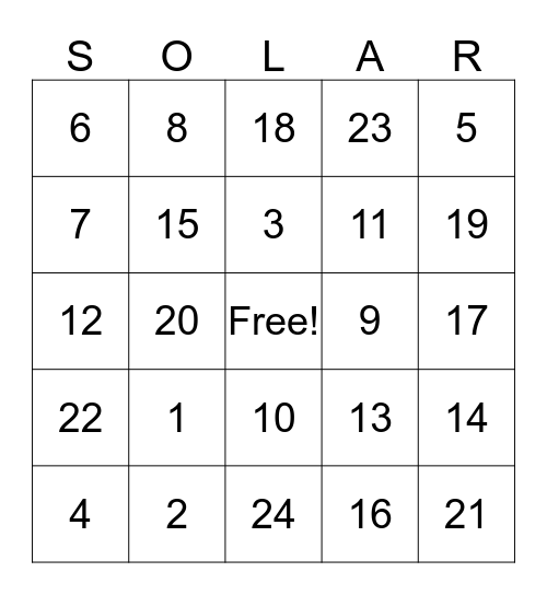 Solar Bingo! Bingo Card