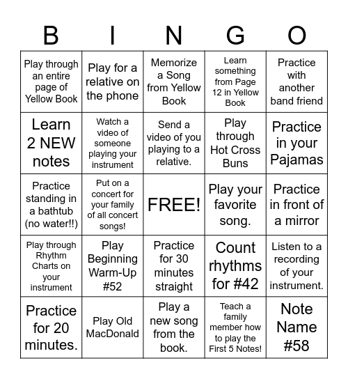 Thanksgiving Break Band Bingo Card