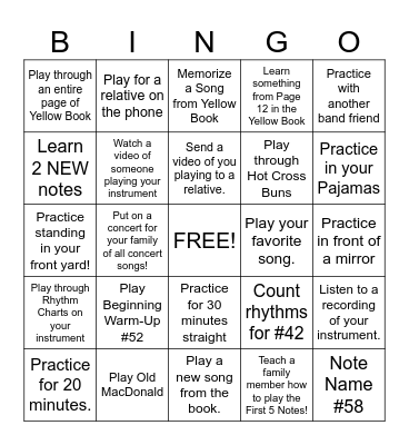 Thanksgiving Break Band Bingo Card