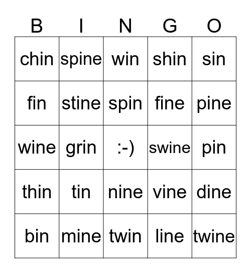 The in Family and ine Family BINGO!!! Bingo Card