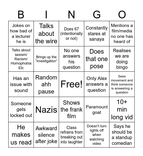 Andy Bingo Card