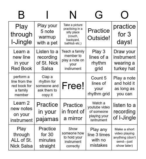 Crane Cadet Band Thanksgiving Bingo Card