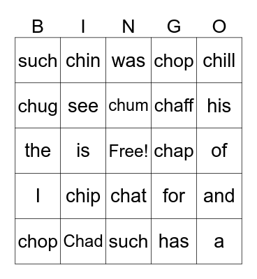 Phonics Lesson 1-20 /CH/ Bingo Card