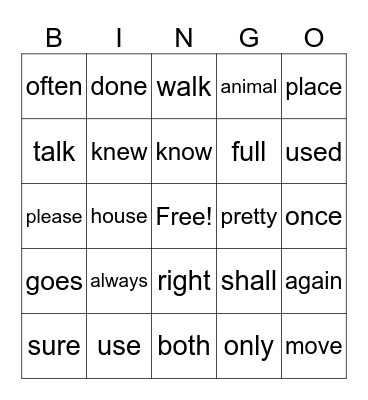 Trick Words Bingo Card
