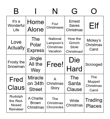 Holiday Movie Bingo Card