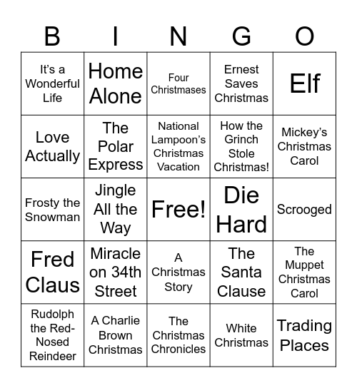 Holiday Movie Bingo Card