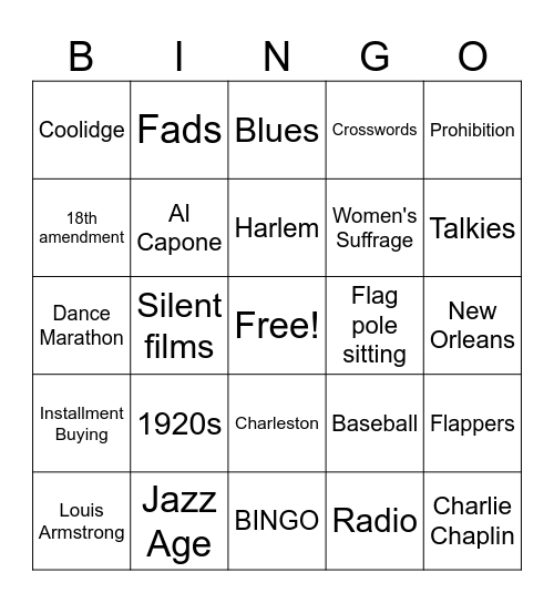 1920s Bingo Card