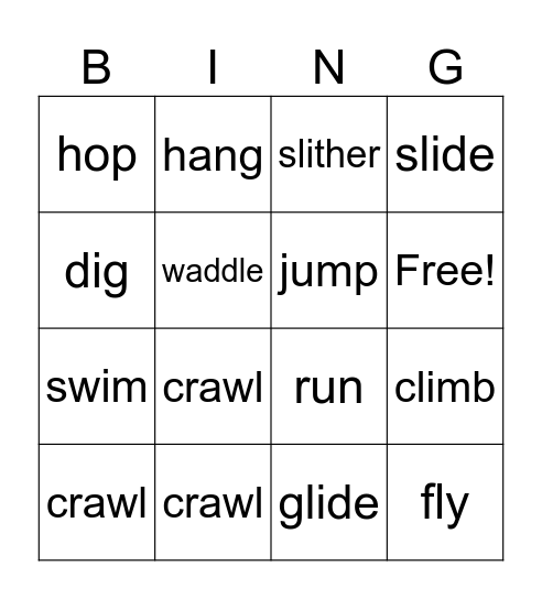 Animal Movement Bingo Card