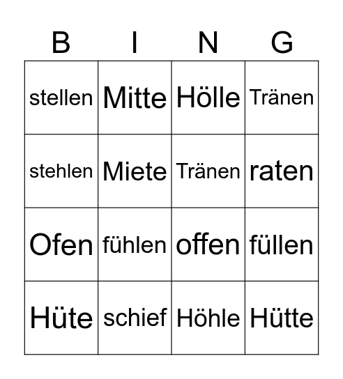 kurze und lange Vokale Bingo Card