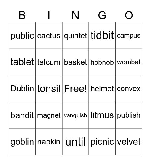 Phonics Lesson 2-8 Two-Syllable Words Bingo Card