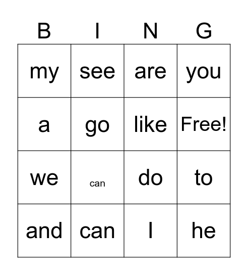 High-Frequency words Bingo Card