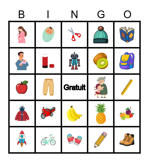 Jouets-famille-fruits-école-vêtements Bingo Card