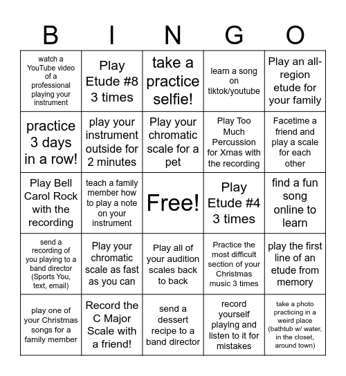 CMS Band Thanksgiving Bingo Card