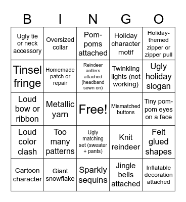 Ugly Sweater Bingo Card