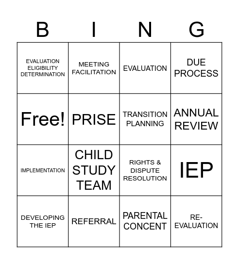 THE IEP PROCESS Bingo Card