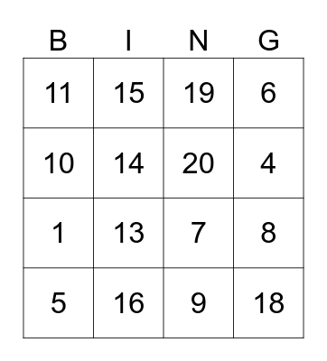 NUMBERS 1-20 Bingo Card