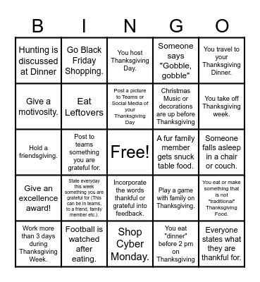 WGU Thanksgiving Bingo Card