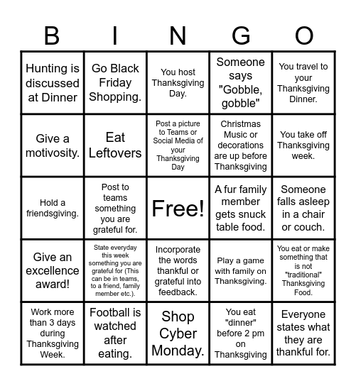 WGU Thanksgiving Bingo Card
