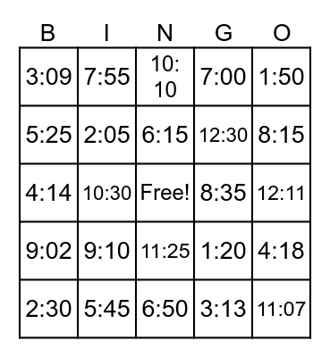 TELLING TIME Bingo Card