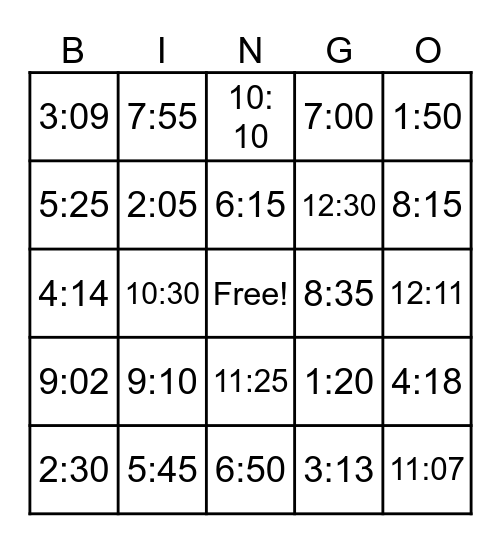TELLING TIME Bingo Card