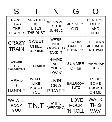 Classic Rock SINGO Bingo Card