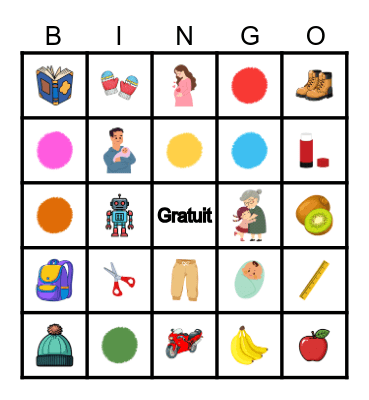 Jouets-famille-fruits-école-vêtements Bingo Card