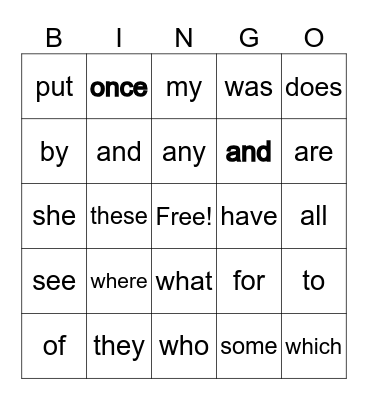 Heart Words Week 15 Bingo Card