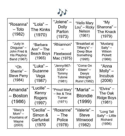 WOMANS NAME IN THE TITLE Bingo Card