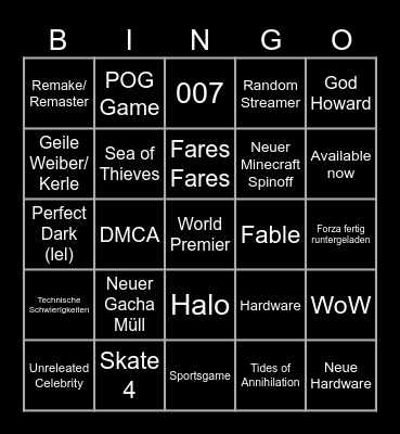 xbox showcase Bingo Card