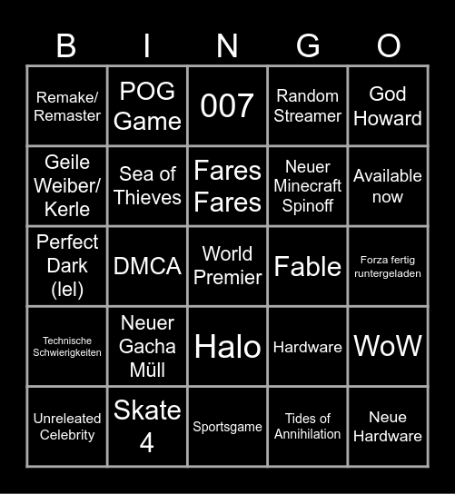 xbox showcase Bingo Card