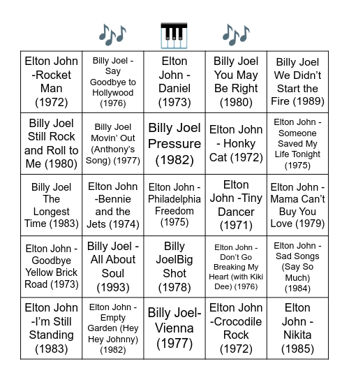 BILLY JOEL vs ELTON JOHN Bingo Card