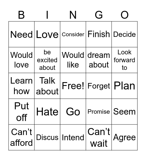 Gerunds and Infinitives Bingo Card