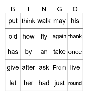 Sight Words Bingo Card