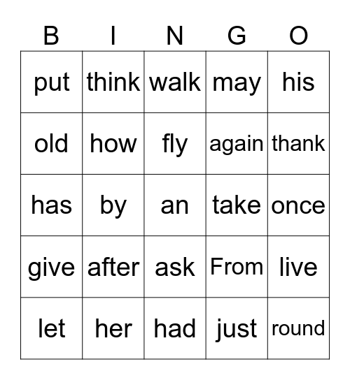 Sight Words Bingo Card