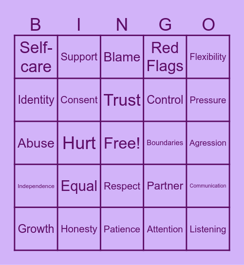 Healthy Relationships Bingo Card