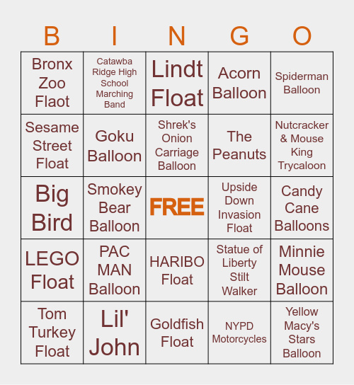2025 Macy's Thanksgiving Dat Parade Bingo Card