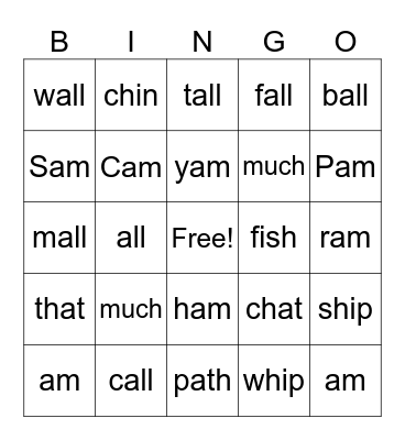 -all, -am and digraphs Bingo Card