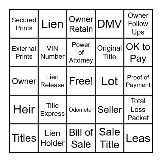 Copart Bingo Card