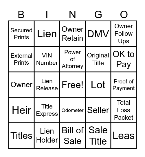 Copart Bingo Card