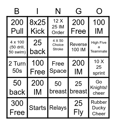 Swim Team Bingo Card