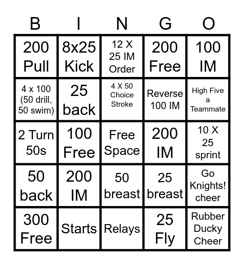 Swim Team Bingo Card