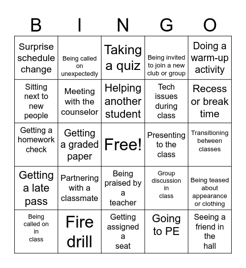 SCHOOL SITUATION BINGO Card